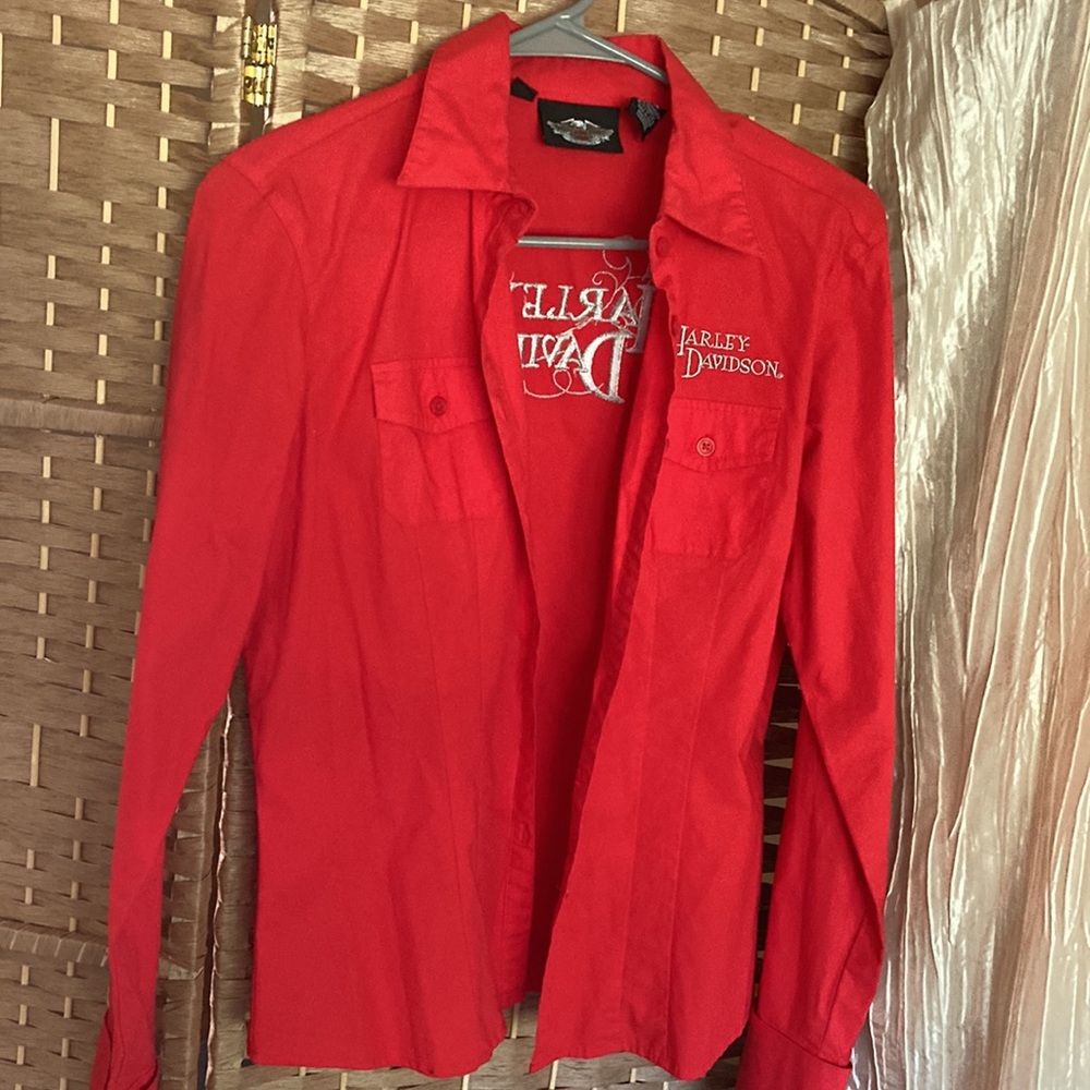 Vintage Harley Davidson M red-coral long sleeve double cuff, button dress shirt. - Picture 2 of 9